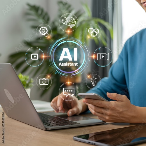 Person using a laptop and cell phone with an AI assistant interface, symbolizing modern technology, artificial intelligence, and digital lifestyle for business productivity.