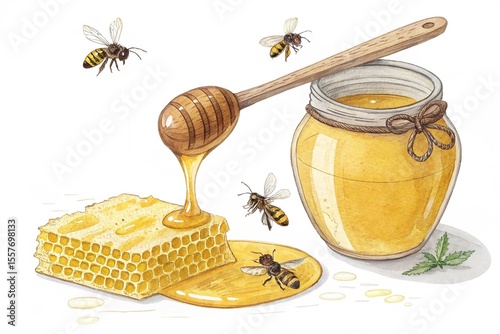 Honey food vector bee healthy organic sweet natural nature yellow honeycomb liquid illus on White Background