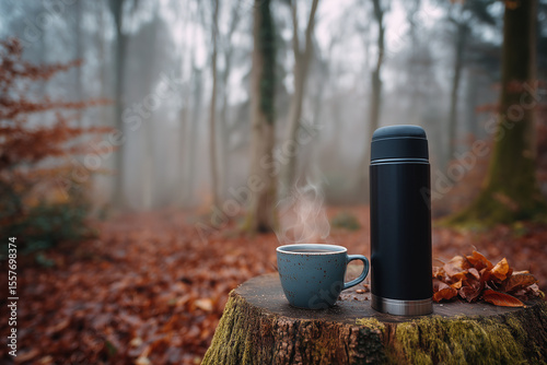 Cozy Forest Break: A tranquil outdoor scene featuring a cup of hot drink alongside a thermos, offering a moment of peace amidst a backdrop of autumn foliage. 