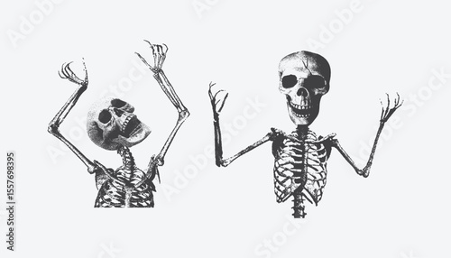 Skeleton collage element with retro grainy texture and vintage stipple copying effect, Vector illustration for grunge psychedelic surreal poster