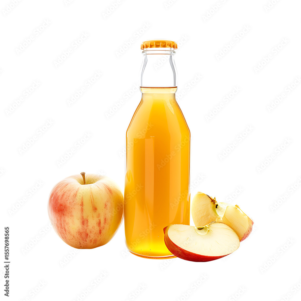 Refreshing glass bottle filled with golden apple juice alongside whole and sliced apples isolated on transparent background Refreshing glass bottle filled with golden apple juice alongside whole and sliced apples isolated on transparent background