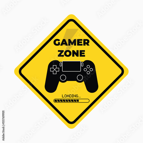 Gamer Zone Sign: Bold yellow diamond sign with a black game controller, symbolizing a dedicated gaming space.