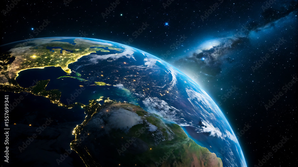 Obraz premium View of planet earth from space at night showing city lights and the milky way galaxy, earth, space, planet, night, city, lights, galaxy