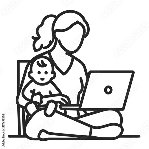 Woman working on laptop while holding baby in her lap  