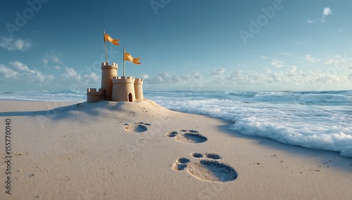 Vibrant photo of simple, cute sandcastle on the beach with flags and two footprints leading to it, set against an ocean backdrop. The scene is captured in a photorealistic.