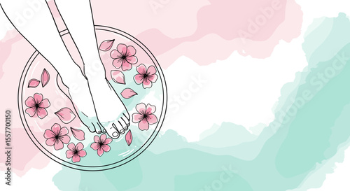 Woman's feet submerged in floral water with pastel background  