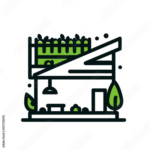 Modern house illustration with green roof and surrounding plants  