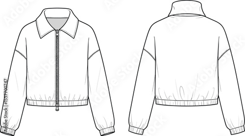 Women's zip-up bomber jacket flat sketch, long sleeve outerwear template, fashion cad drawing, ribbed hem jacket, vector illustration