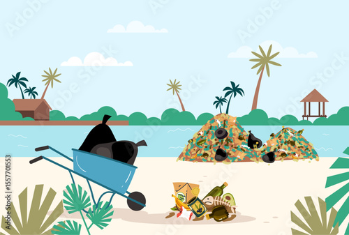 Sea ocean garbage marine trash polluted concept. Vector graphic design illustration	