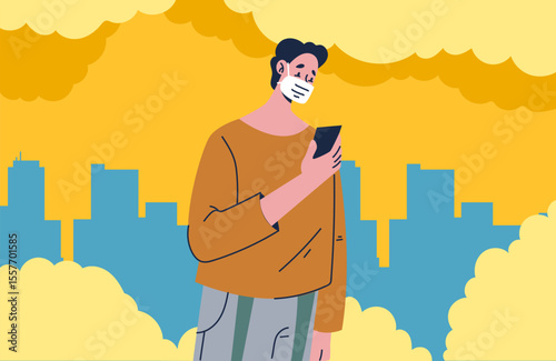 People wearing protective masks in polluted dirty microbe air in city. Vector graphic simple doodle line art outline design illustration