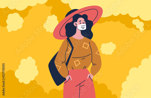 People wearing protective masks in polluted dirty microbe air in city. Vector graphic simple doodle line art outline design illustration