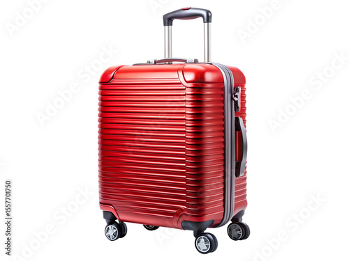 Shiny red ribbed suitcase with telescopic handle and wheels isolated on transparent background