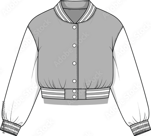 CAD drawing flat vector illustration of cropped varsity bomber jacket with striped ribbing, snap buttons, and color-block sleeves for fashion design