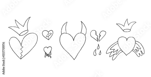 Broken hearts with crowns and devil horns crayon drawn set. Breakup marker doodles isolated on white background. Love naive sketch hand drawn painting elements. Vector heartbreak illustration.