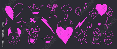Neon breaking heart line doodles set. Devil and angels purple pink crayon drawn shapes. Scribble grunge love girly elements. Hearts, bows, crown and sketch shapes. Vector quirky pencil illustration.