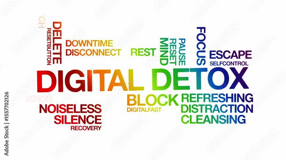 digital detox Animated Tag Word Cloud kinetic typography concept, Text Design Animation typography seamless loop video motion graphics Intro 4k, Word Art Looping Text effects lettering rainbow gradien