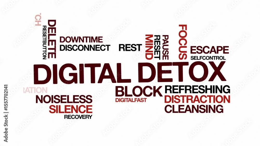 digital detox Animated Tag Word Cloud kinetic typography concept, Text Design Animation typography seamless loop video motion graphics Intro 4k, Word Art Looping Text effects lettering brown red black