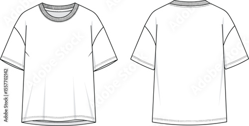 CAD drawing flat vector illustration of oversized short sleeve t-shirt front and back, fashion sketch template for clothing design