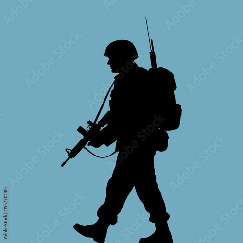 Silhouette of soldier walking with rifle and backpack.  Military person in uniform carrying weapon and equipment.