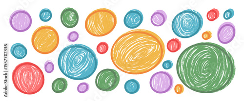 Round and circles shapes crayon with stroke set. Kids colorful chalk elements. Kindergarten fun polka dots hand drawn pattern. Vector handmade ellipse, round element collection on white background.
