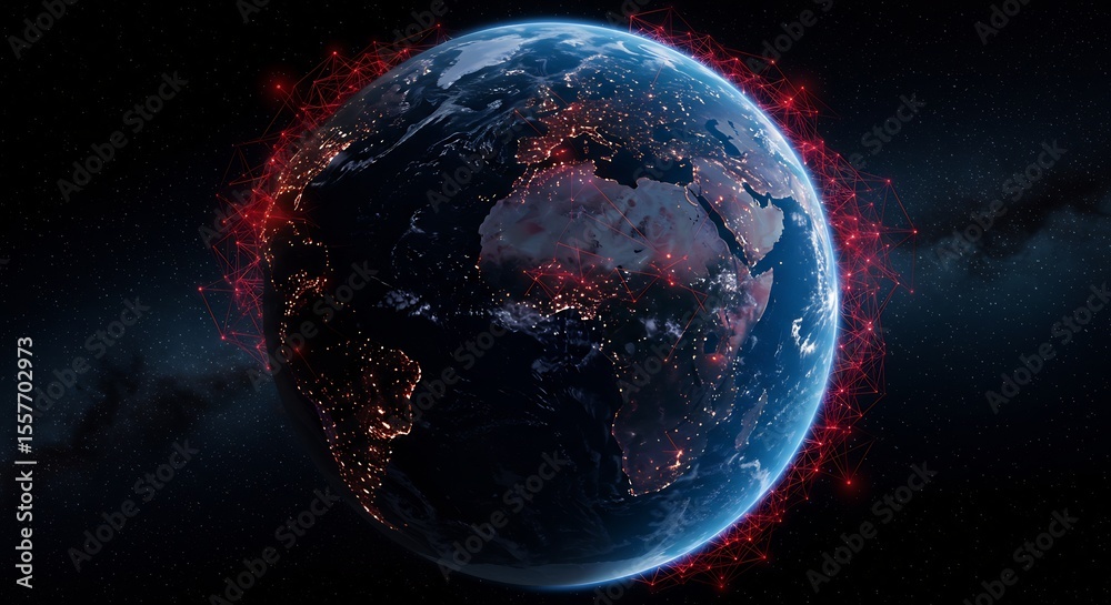 Obraz premium Earth at Night with Red Network Overlay in Starry Space