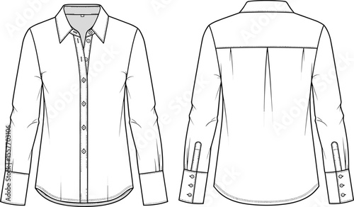 CAD drawing flat vector illustration of women’s button-down shirt with collar, cuff details, topstitching, back yoke, technical fashion sketch