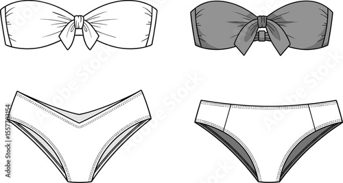 CAD drawing flat vector illustration of bikini set front and back view, with bow tie top and detailed stitching lines.