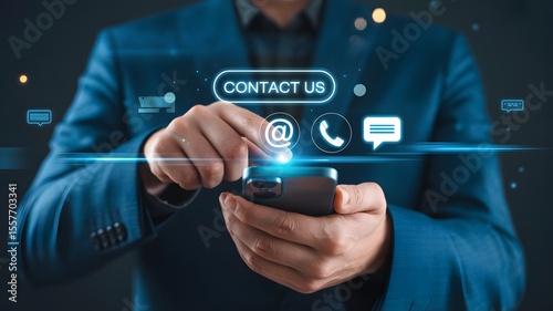 Digital Contact and Communication: A businessman, illuminated in a soft glow, engages with a digital interface showcasing contact options, signifying connection and support. 