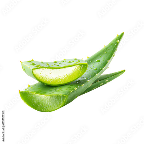 Fresh aloe vera plant leaves slices with water droplets showing gel inside isolated on transparent background