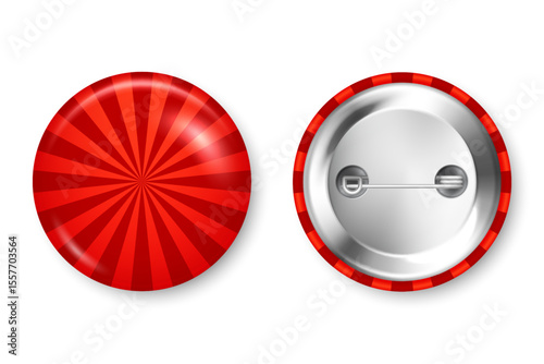Realistic colorful funky badges. Sunburst effect. Glossy 3D round button. Pin badge, brooch mockup for product promotion and advertising. Vector illustration