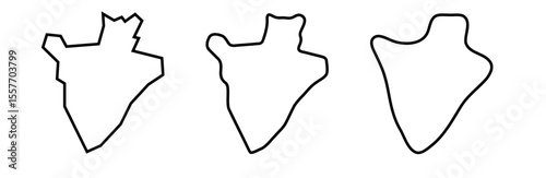 Burundi country black outline silhouettes in three different levels of smoothness. Simplified maps. Vector icons isolated on white background.