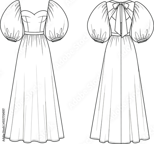CAD drawing flat vector illustration of puff sleeve long dress design with front and back view, technical fashion garment sketch