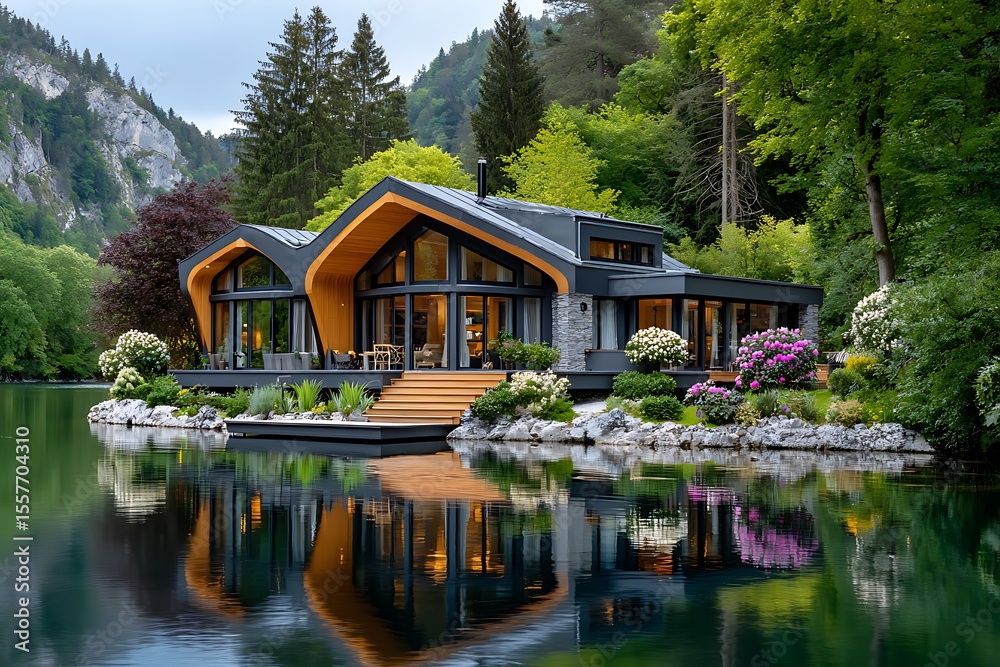 Obraz premium Waterfront house featuring modern angular design high resolution picture