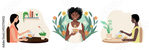 Beautiful woman drinking herbal tea for health. Alternative medicine and herbal medicine. Relax and unwind. Vector illustration set