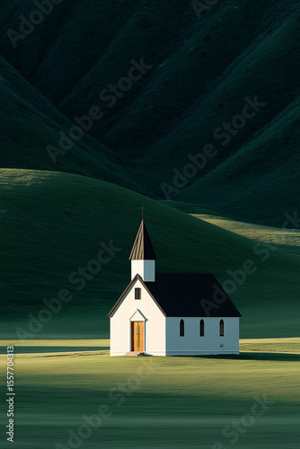 Solitary Chapel on Green Plain: A tranquil and serene church stands in a vast, open field, its simplicity highlighted by the contrasting landscape of rolling hills and the play of light and shadow.