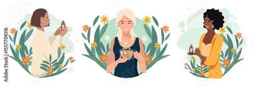Beautiful woman drinking herbal tea for health. Alternative medicine and herbal medicine. Relax and unwind. Vector illustration set
