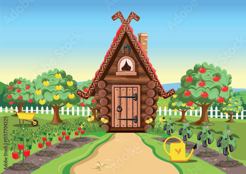 Cute fairytale house with a vegetable garden, white fence, garden path, apple trees, vegetables and berries in the beds. Vector illustration.