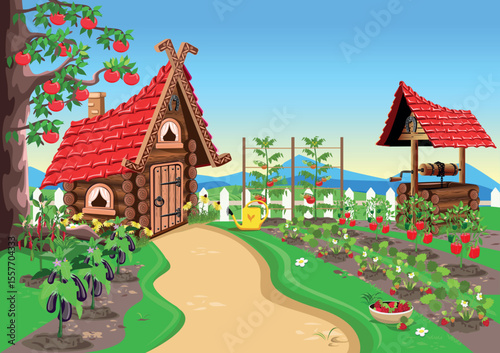 Cute fairytale house with a vegetable garden, white fence, garden path, apple trees, vegetables and berries in the beds. Vector illustration.