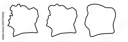 Ivory Coast country black outline silhouettes in three different levels of smoothness. Simplified maps. Vector icons isolated on white background.