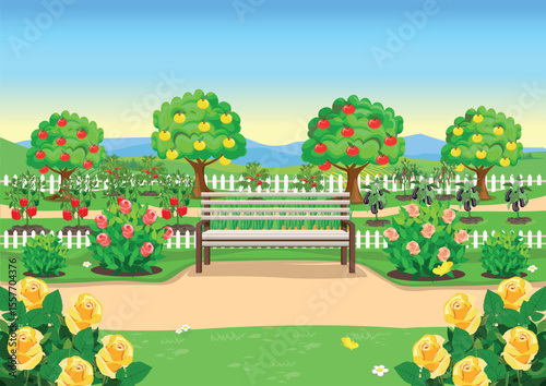 Garden bench in a beautiful garden with roses and a vegetable garden behind a white fence. Growing vegetables fruits and berries at home. Vegetable garden near the house. Vector illustration.