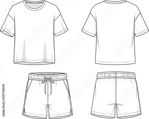 CAD drawing flat vector illustration of casual t-shirt and shorts set, front and back view, technical fashion template sketch