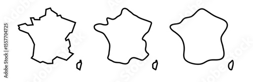 France country black outline silhouettes in three different levels of smoothness. Simplified maps. Vector icons isolated on white background.