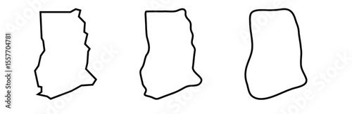 Ghana country black outline silhouettes in three different levels of smoothness. Simplified maps. Vector icons isolated on white background.