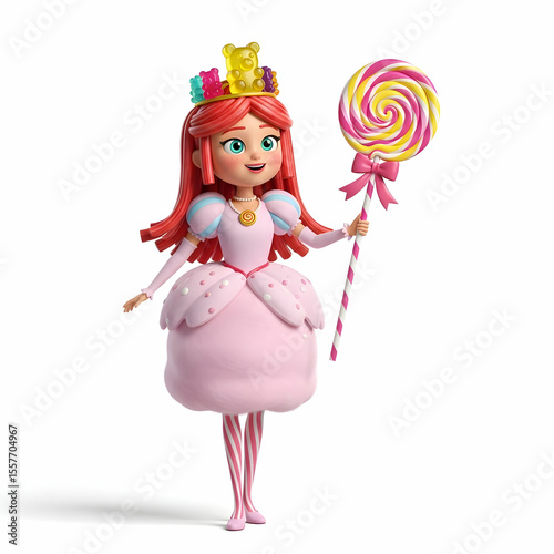Cartoon princess with red hair wearing a gummy bear crown and holding a swirled lollipop on white background
