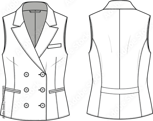 CAD drawing flat vector illustration of a sleeveless tailored double-breasted vest, front and back fashion sketch, technical apparel template