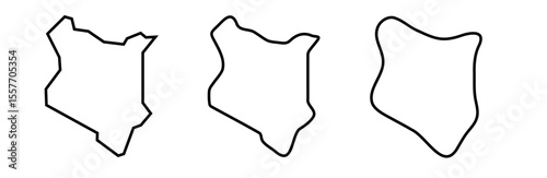 Kenya country black outline silhouettes in three different levels of smoothness. Simplified maps. Vector icons isolated on white background.