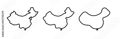 China country black outline silhouettes in three different levels of smoothness. Simplified maps. Vector icons isolated on white background.