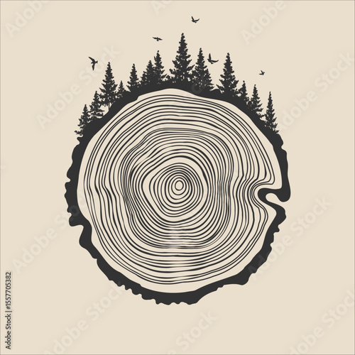 Round tree trunk cut with trees, forest and birds. Sawn pine or oak slice, lumber. Saw cut timber, wood. Brown wooden texture with tree rings. Hand drawn sketch. Vector illustration