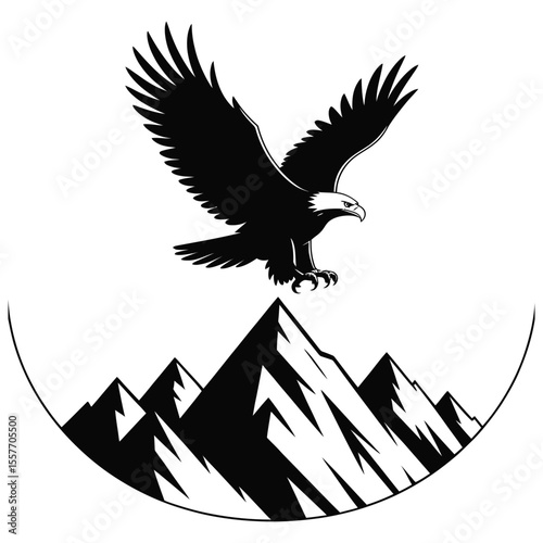 Bald eagle silhouette soaring above rugged mountains in minimalist vector illustration