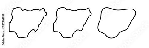 Nigeria country black outline silhouettes in three different levels of smoothness. Simplified maps. Vector icons isolated on white background.